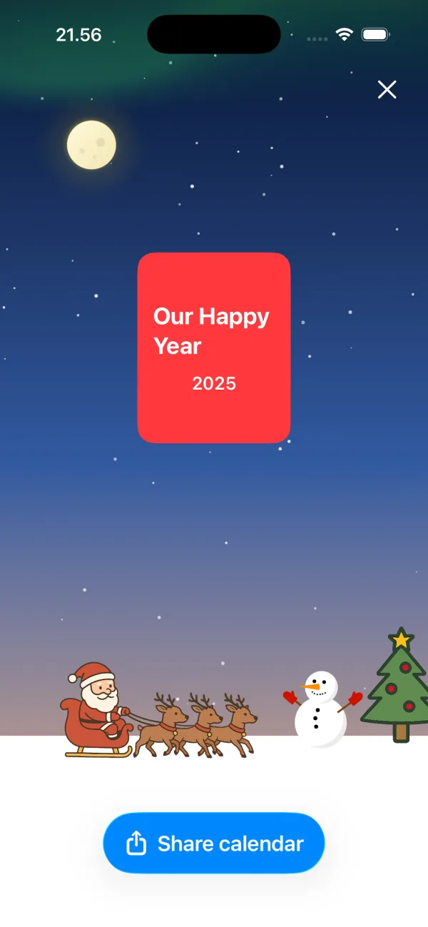 Sharing the advent calendar under a starry night sky with Santa and a snowman