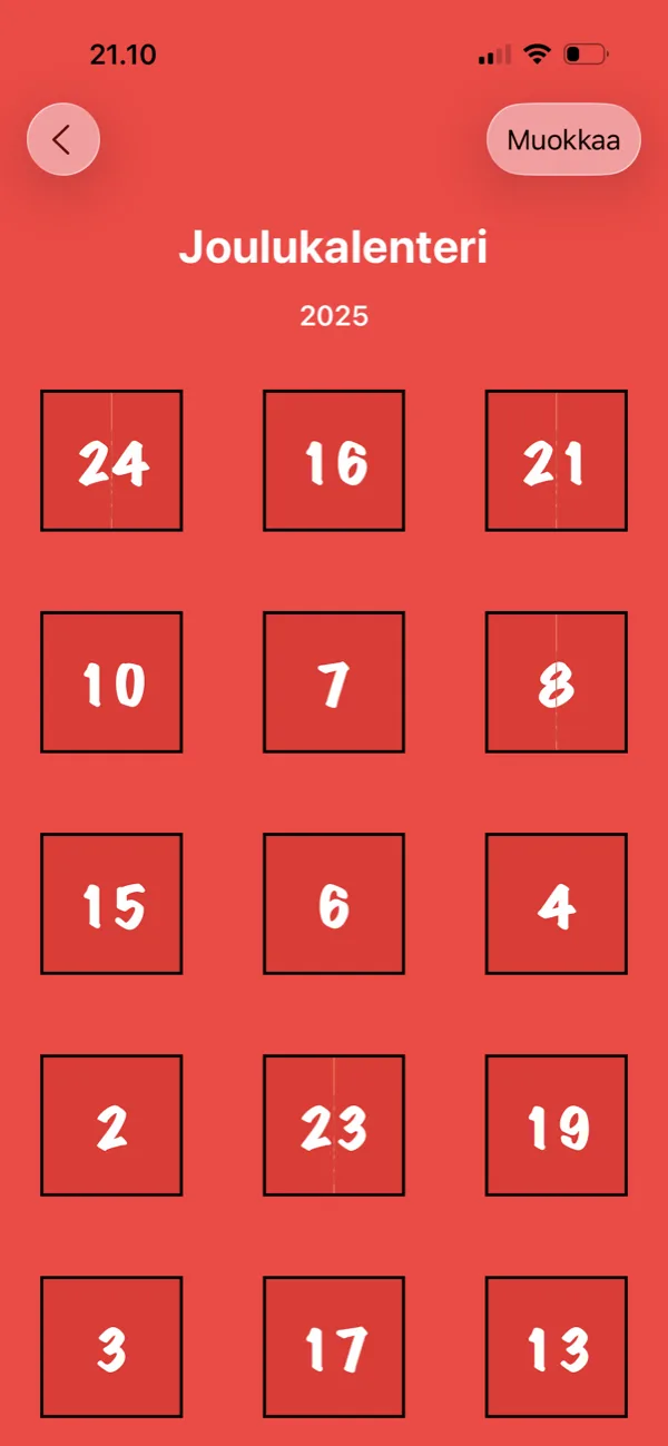 Joulukalenteri, jossa 24 numeroitua luukkua Advent Maker -sovelluksessa