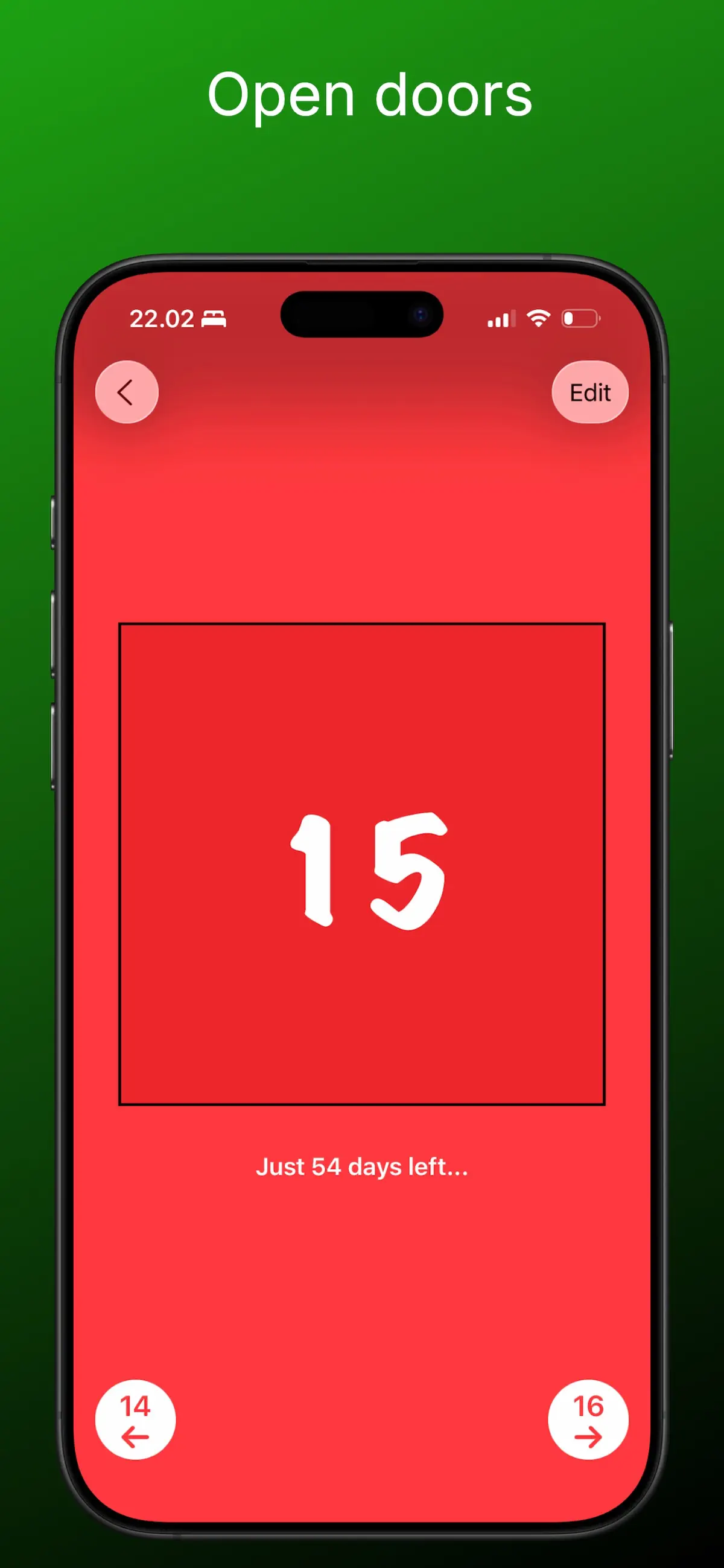 Advent calendar door with Christmas countdown showing days left