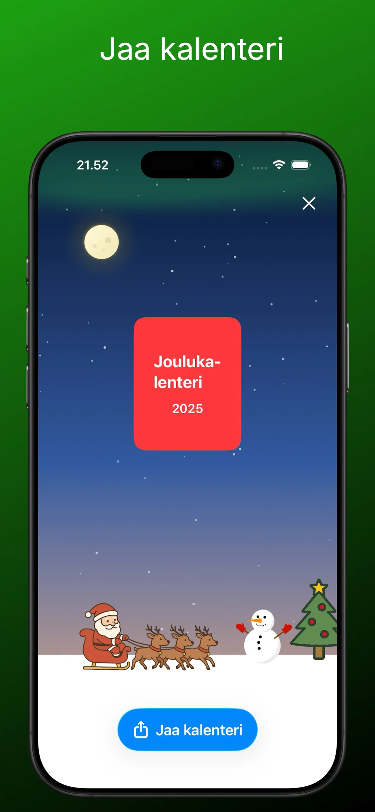 Joulukalenterin jakamisnäkymä, jossa joulupukki ja lumiukko